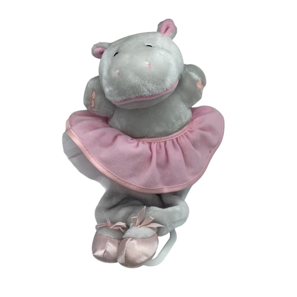 Vtg 1998 Kids II Gray Hippo Plush Musical Crib Pink Ballet Tutu Soft 11"